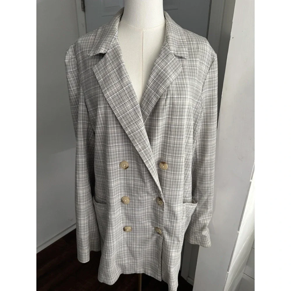 Free People Blazer Womens Medium Gray Plaid Double Breasted Relaxed‎ Longline